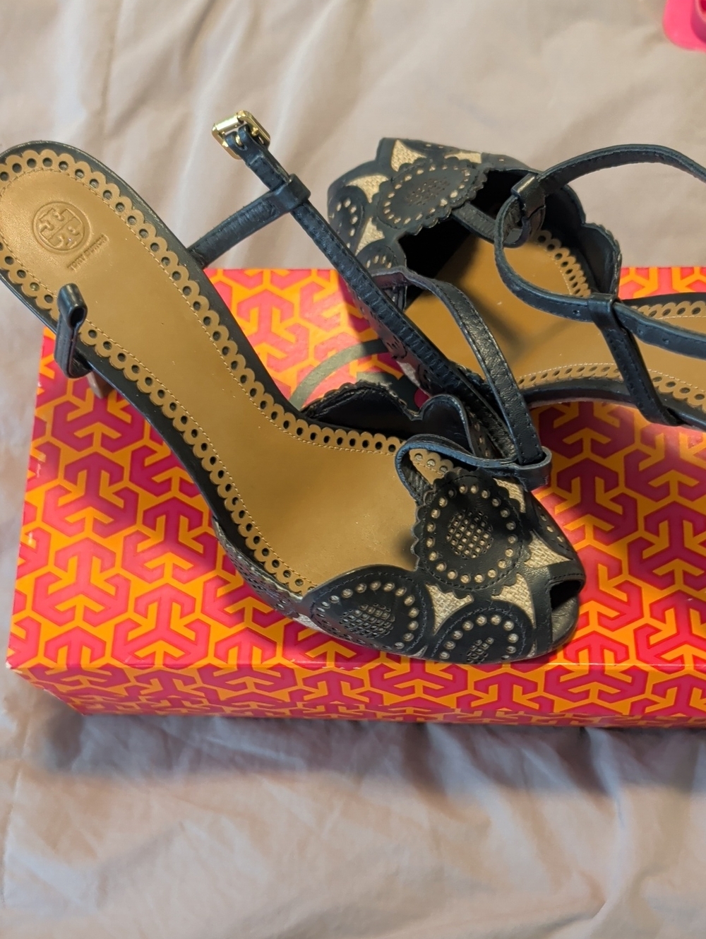Tory Burch Black Leather Cutout Wedge Sandals with Gold Buckle